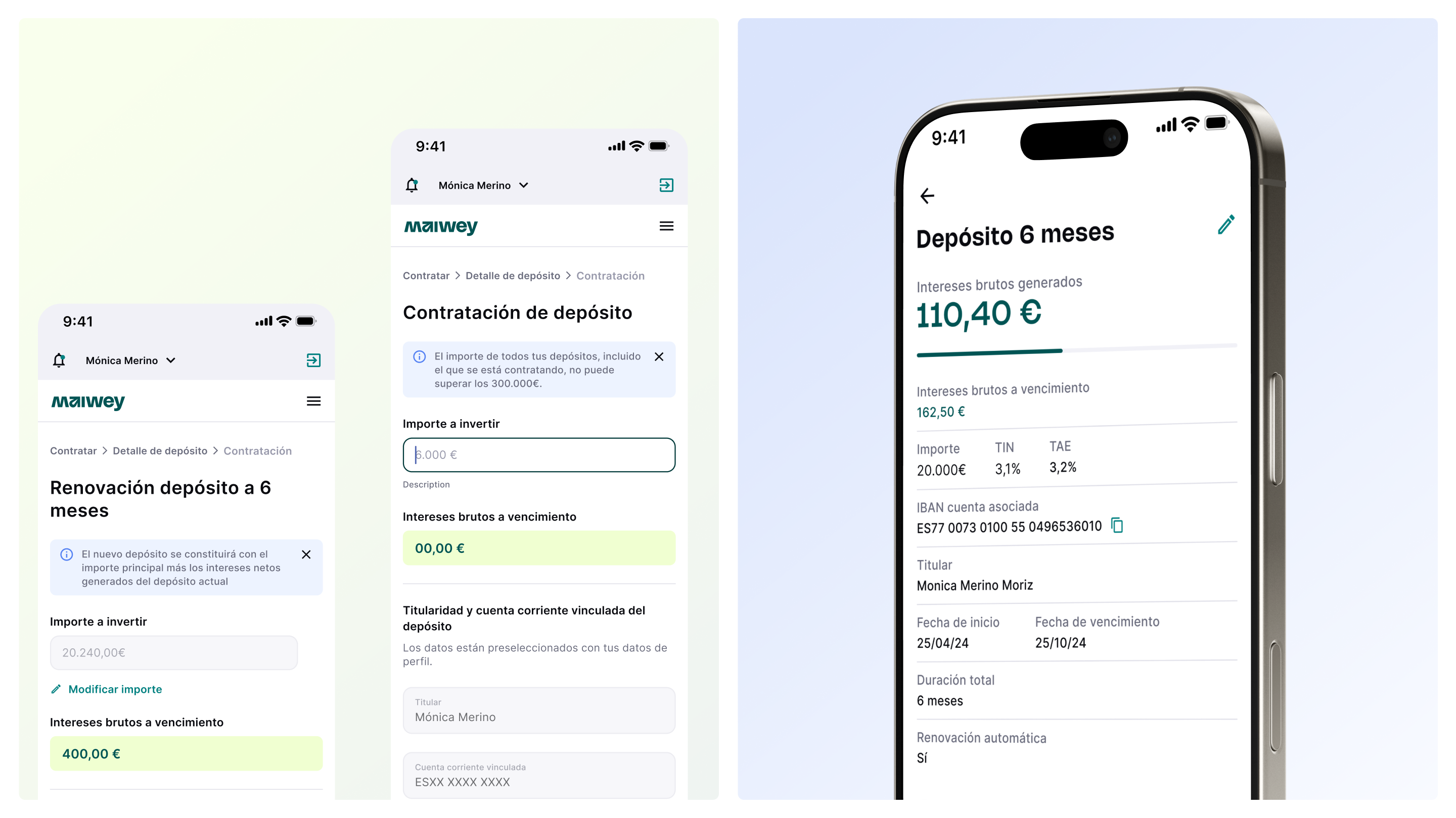 Savings and deposits - mobile renewal screen, web deposit form, and iPhone deposit detail showing interest earned